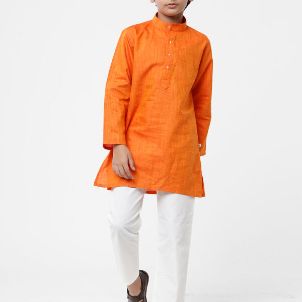 Boys Orange Kurta With White Pyjama Set