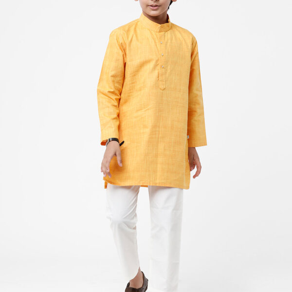 Boys Golden Yellow Kurta With White Pyjama Set