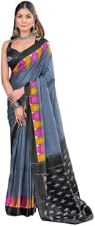 Designer Grey Cotton Saree with Multicolour Border, Traditional Black Pallu with Pattern