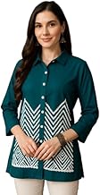 Teal Short Kurti for Women | Embroidered Cotton Tunic | Front Button Shirt Style Kurta | Casual Office Wear | 3/4 Sleeve Ethnic Top | Indo-Western Fusion Wear