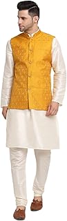 Mens Cream Silk Blend Kurta and Churidar Set With Jacquard Paisley Nehru Jacket