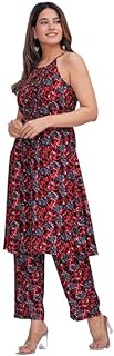 Women's Rayon Printed Kurta Set | Sleeveless A-Line Kurti with Pant | Ethnic Kurti for Wedding, Festive, Office or Formal and Casual Summer Wear Suit for Women Girls (Black)