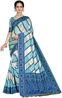 Organza Saree with Blouse, Traditional Design, Blue and White Diagonal Pattern, Floral Woven Design, Party, Wedding And Festive Collection (Upada Light Blue)