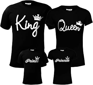 HH15 Family Matching Tshirts King Queen Prince Princess Printed Black Color Cotton Regular Fit Tees for Dad Mom Son Daughters (Pack of 4)