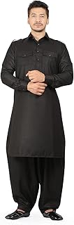 Men's Cotton Blend Mandarin Neck Full Sleeve Knee Length Pathani Kurta Pyjama Suit Available in Black and White Colors for Boys || Kurta for Man Cotton Dress || Wedding Dresses Punjabi for Men
