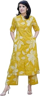 Women’s Mustard Yellow Cotton Floral Print Kurta Pant Co-Ord Set | A-Line Kurta with Pants | Comfortable & Stylish Ethnic Set | Summer Wear | Set of 2