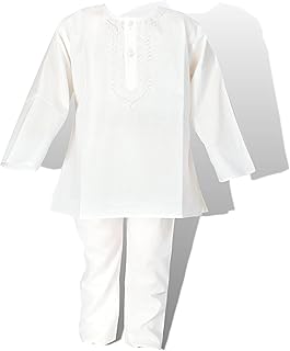 CuddleDelight Kids Ethnic Wear Kurta Pyjama Set - 100% Pure Cotton | Aari Embroidery | Yellow and White | Full Sleeves | Round Neck | For Baby Boys