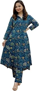 Anarkali Kurta-Set for Women – Cotton Printed Kurta & Straight Pant | Festive Indian Traditional Outfit for Functions & Puja