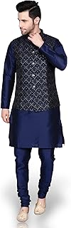Men's Silk Blend Kurta Churidar Pyjama with Ethnic Bundi Jacket Set