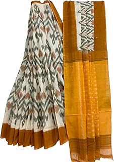 Handicrafts Women's Ikat Hand Block Print Pure Soft Cotton Mulmul Saree White Multi Colour with Blouse Piece (ikkat spec White Mustard)