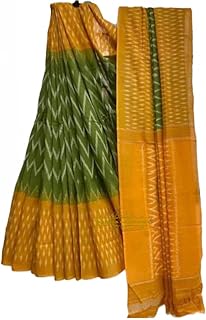 Handicrafts Women's Ikat Hand Block Print Pure Soft Cotton Mulmul Saree White Multi Colour with Blouse Piece (ikkat spec Green Musterd)