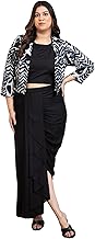 DEEBACO Animal Print Summer Cool Blazer & Solid Dhoti Pants With Crop Top Plus Size Indo Western Set For Women's|Collared 3/4 Straight Sleeves Cord Set|Ladies Fusion Wear