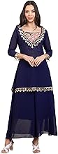 DEEBACO Solid Georgette Kurti & Sharara with Printed Satin Inner Top Indo Western Set for Women's|Deep V Neck 3/4 Straight Sleeves Relaxed Fit Cord Set|Ladies Fusion Wear