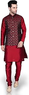 Men's Silk Blend Kurta Churidar Pyjama with Ethnic Bundi Jacket Set