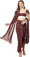 DEEBACO Floral Print Dobby Georgette Crop Top & Dhoti Pants Co-Ord Set for Women's|Sweet Heart Frill Cap Sleeves|Ladies Party Outfits Western Summer Collection Stylish Fusion Wear