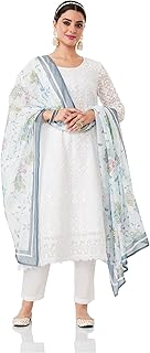 Women's Organza Relaxed Chikankari A-Line Kurta Pant Set with Dupatta