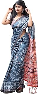 Women’s Pure Soft Cotton Saree Linen For Kalamkari Silk Sarees Latest Party Design Wear Wedding Sadi With Blouse Piece Sari South Mulmul ikkat Mul Print 2025 New (Kalamkari) (Grey)