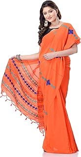Women's Casual Woven Saree With Geometric Applique Design And Tassels Pure Cotton Saree With Blouse Piece