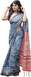 Handicrafts Women's Hand Block Bandhani Print Pure Soft Cotton Mulmul Saree Grey Multi Colour Zari Border with Blouse Piece (rangat grey)