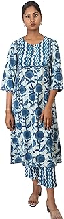 Women's Indigo Cotton A-line Hand, Block Print, Kurta Set