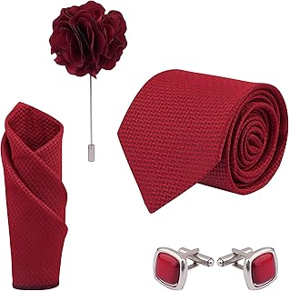 Men's Criss Reddish Maroon Cross Design MicroPoly Formal Necktie Tie With Pocket Square,Lapel Pin,Cufflinks, Solid Color Tie with Silky Feel (Leatharite Gift Box) (Pack of 4)