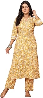 Women's Casual 3/4 Sleeve 100% Pure Cotton V Neck Floral Printed Straight Kurti with Matching Pant 2 Piece Set for Wedding Party & All Festive(Cord-Set-06)