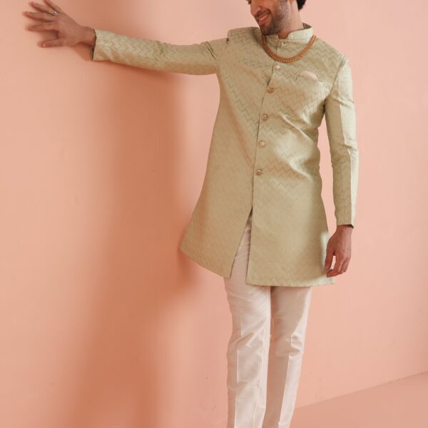 Men Green Jacquard Indowestern Trouser Set with Geometric