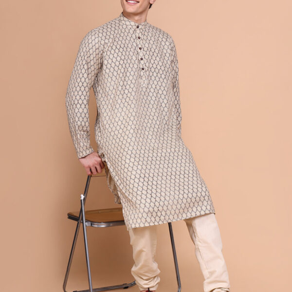 Men's Beige Geometric Regular Kurta Set