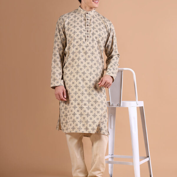 Men's Beige Geometric Straight Kurta Set