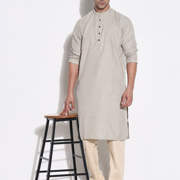 Men's Beige Checked Kurta Set