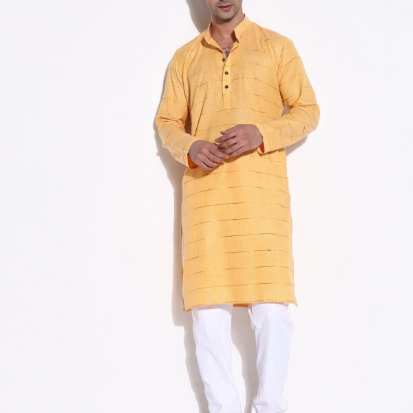 Men's Orange Striped Cotton Kurta Set