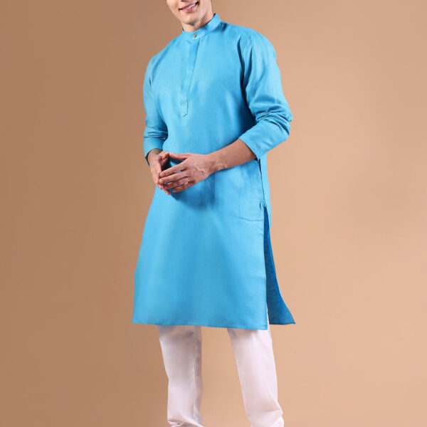 Men's Blue Mandarin Collar Geometric Kurta Set