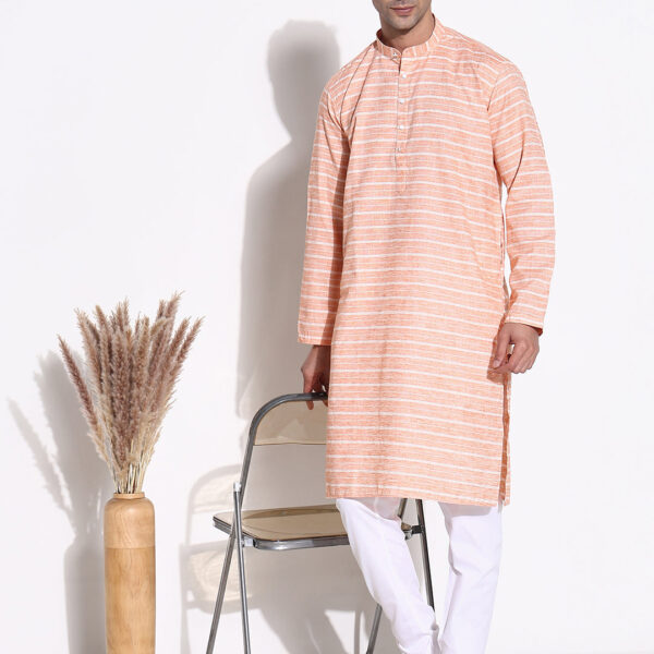 Men's Orange Horizontal Striped Casual Kurta Set