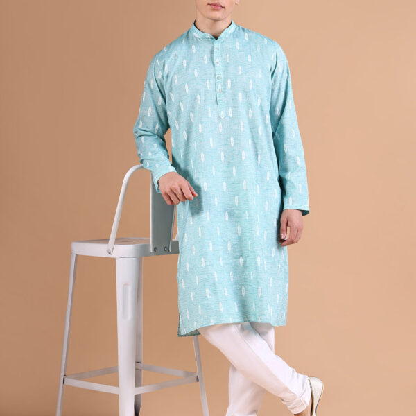 Men's Blue Band Collar Geometric Kurta Set