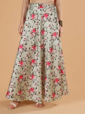Women Floral Print Flared Skirt with Drawstring Waist