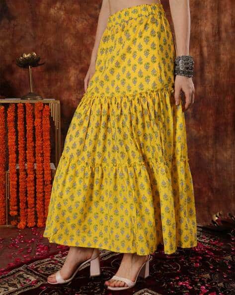 Women Block Print Flared Skirt with Elasticated Waistband
